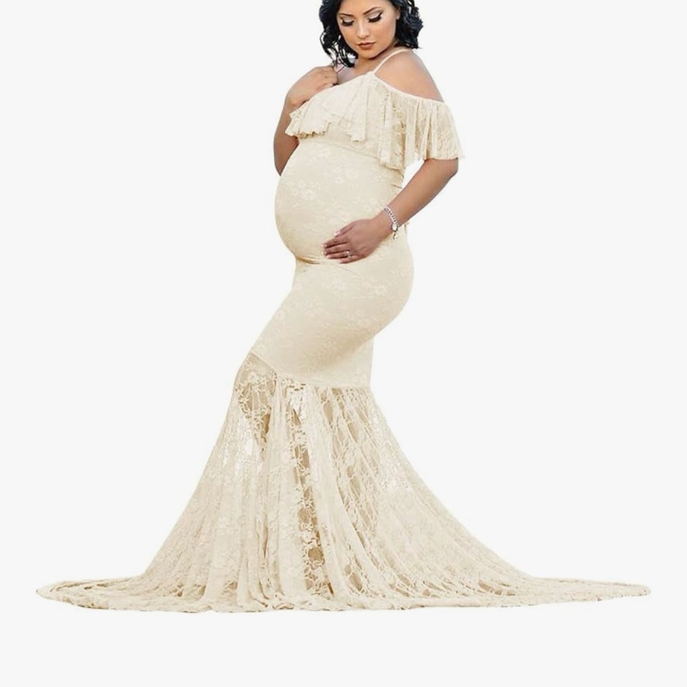 Amazon Cream Flutter Sleeve Off-Shoulder Bridal Maxi Dress